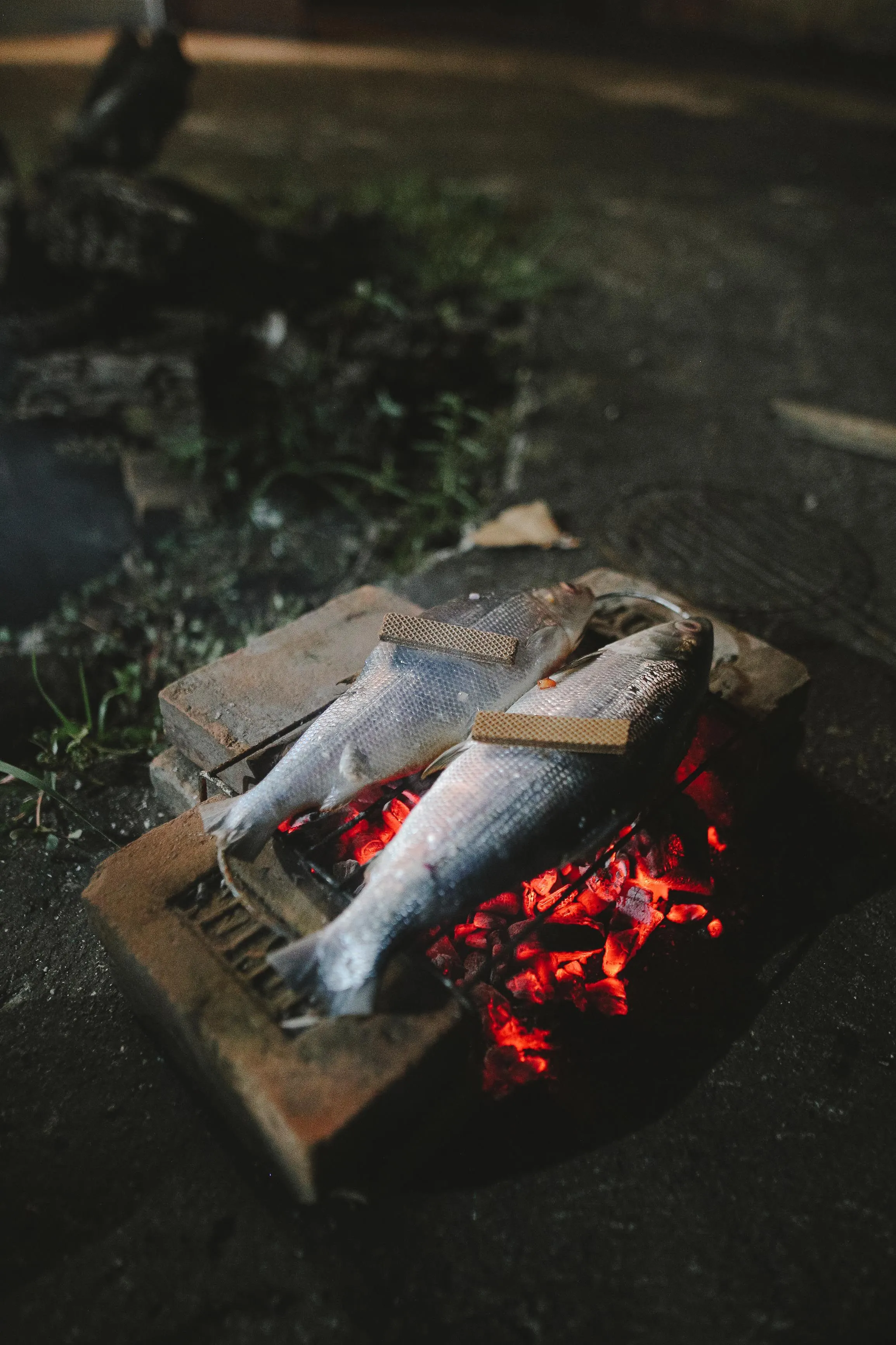 Pescado entero asado sobre brasa de carbón, de la lonja de Bermeo